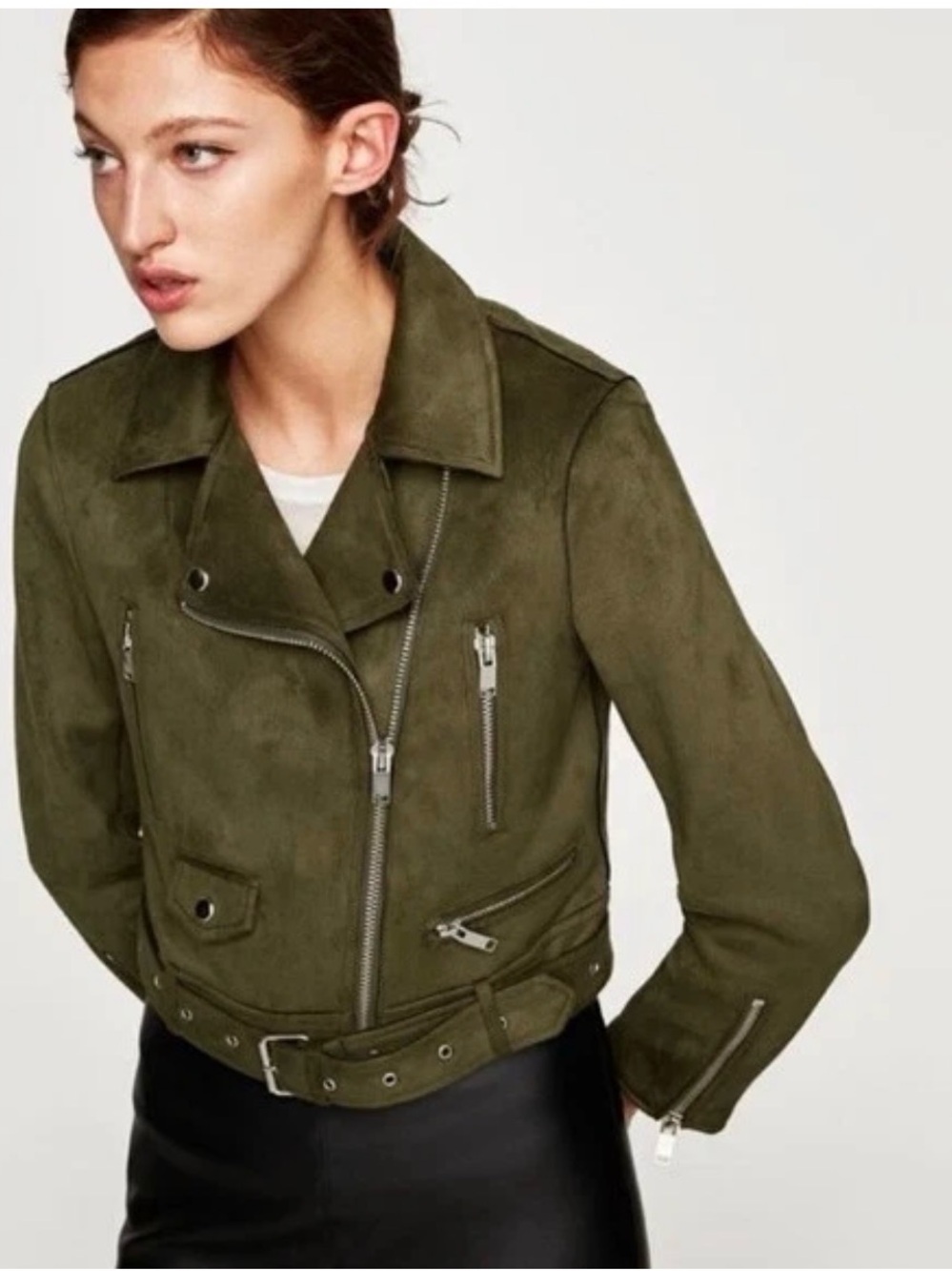 ZARA / Olive Green Suede Moto Jacket - Women's Cropped Biker / M / Ptp-18”